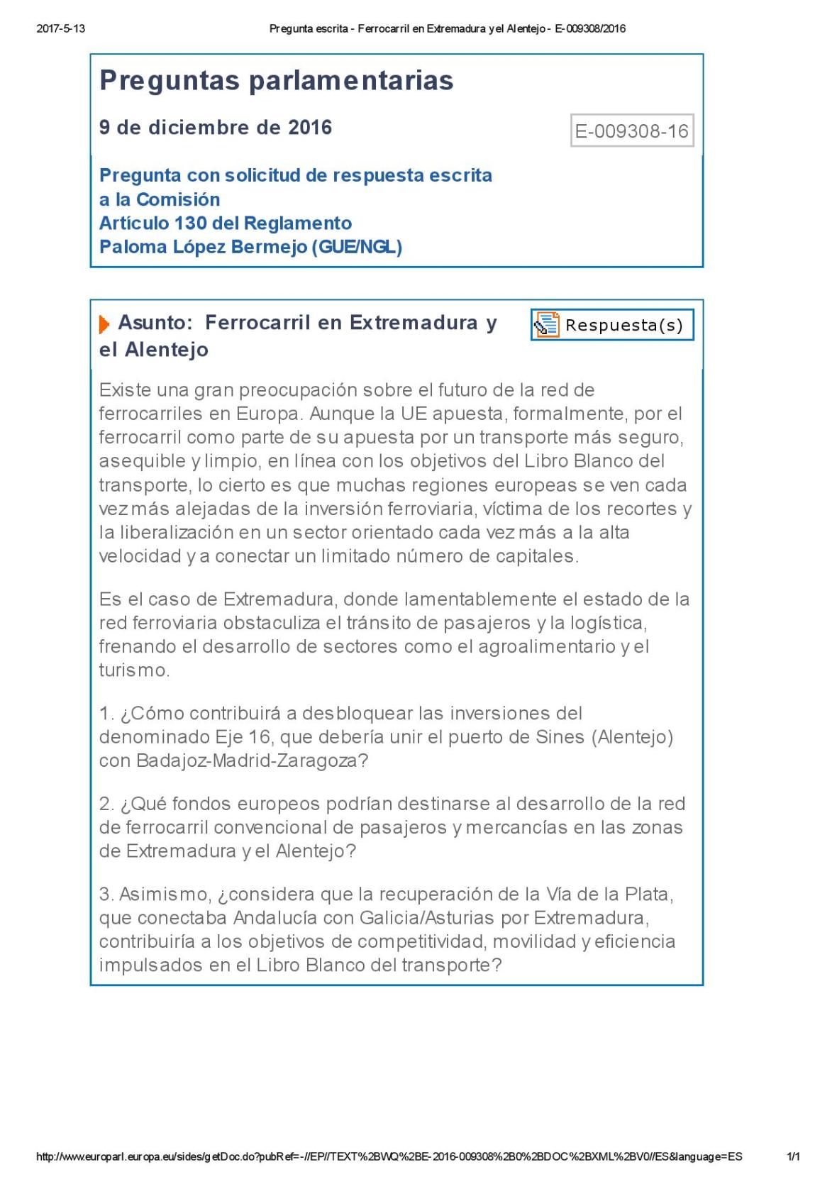 Pregunta escrita - Ferrocarril en Extremadura y el Alentejo - E-009308_2016-page-001