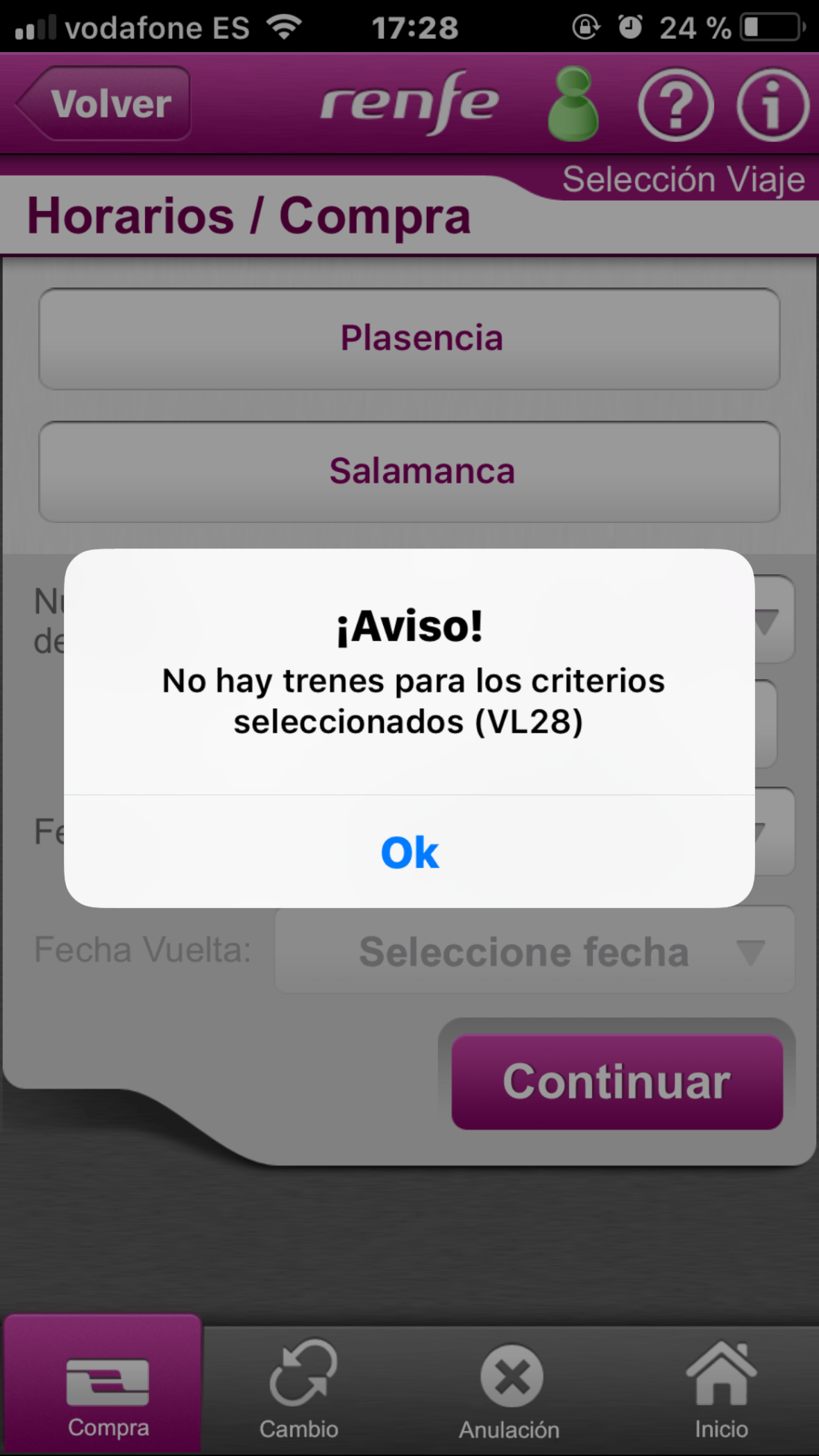 App Renfe Ticket - No hay trenes hacia Salamanca (1)