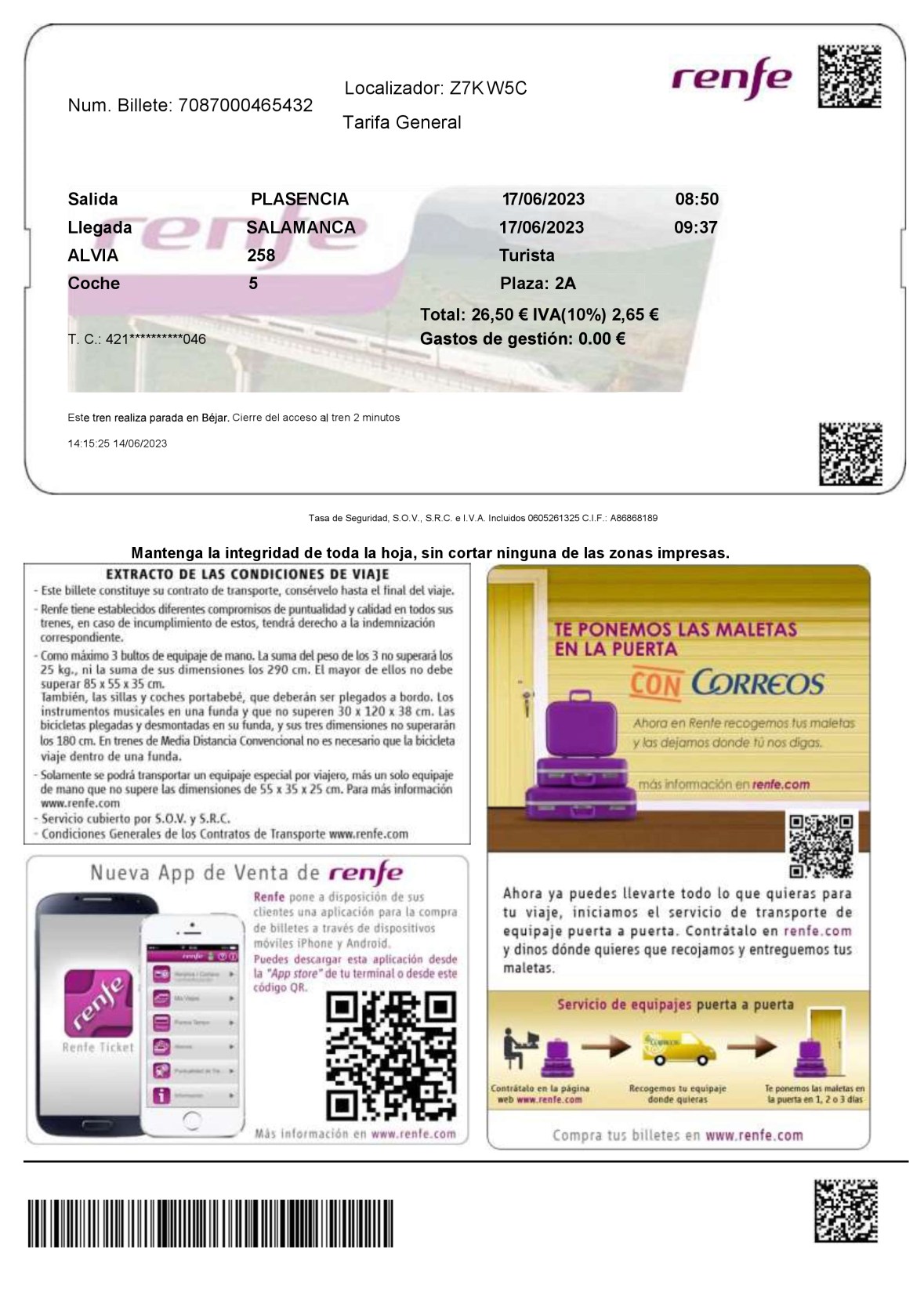 Billete del futuro, Plasencia - Salamanca (2023)